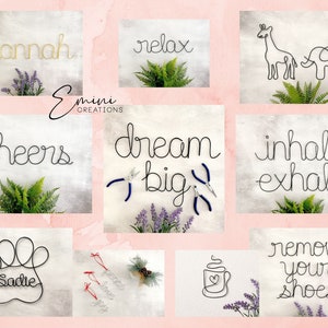 May include: A collage of wire art pieces, including names, words, and animal silhouettes. The words include "Hannah", "relax", "cheers", "dream big", "inhale exhale", "remove your shoes", and "I love you". The animal silhouettes include a giraffe and an elephant. The wire art is displayed on a pink background.