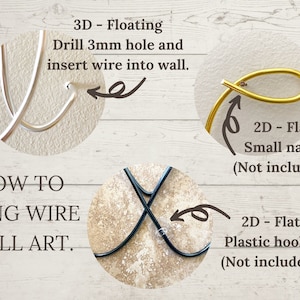 Puede incluir: C&oacute;mo colgar arte de pared de alambre. Se muestran tres m&eacute;todos diferentes: 3D flotante con un agujero de 3 mm, 2D plano con clavos peque&ntilde;os y 2D plano con ganchos de pl&aacute;stico. El texto "C&oacute;mo colgar arte de pared de alambre" se muestra en el centro de la imagen.