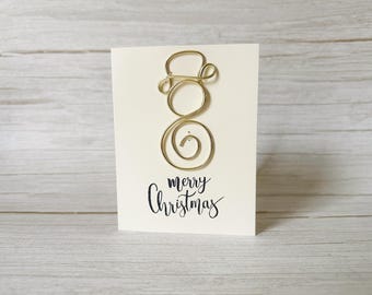 Handmade Wire Art Christmas Card with Hand-Stamped Message – Snowman, Tree or Bell Wire Design