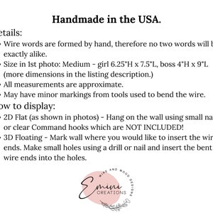 May include: Handmade wire word art, featuring the words "Handmade in the USA". The art is available in two sizes: Medium (6.25 inches high by 7.5 inches long) and Boss (4 inches high by 9 inches long). The listing includes instructions for displaying the art in a 2D flat or 3D floating style.