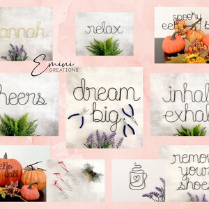 Puede incluir: Un collage de im&aacute;genes con arte de palabras de alambre, incluyendo "Hannah", "relax", "cheers", "dream big", "inhale exhale", "remove your shoes", "hello fall", "peace love joy" y una taza de caf&eacute;. Las im&aacute;genes est&aacute;n sobre un fondo rosa con acentos florales.