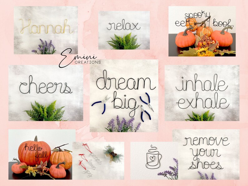 Puede incluir: Un collage de im&aacute;genes con arte de palabras de alambre, incluyendo "Hannah", "relax", "cheers", "dream big", "inhale exhale", "remove your shoes", "hello fall", "peace love joy" y una taza de caf&eacute;. Las im&aacute;genes est&aacute;n sobre un fondo rosa con acentos florales.