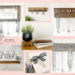 May include: A collage of six images showcasing personalized jewelry organizers. Each organizer features a different name, such as "Emily", "Harper", "Shiloh", "Tiffany", and "Carly". The organizers are made of wood and metal and are designed to hold necklaces, earrings, and bracelets. The organizers are a great way to keep jewelry organized and displayed.
