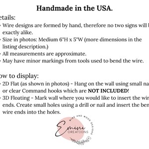 Puede incluir: Letrero de alambre hecho a mano en forma de &aacute;rbol con el texto "Handmade in the USA." El letrero mide 15,2 cm de alto y 12,7 cm de ancho. Los detalles sobre el letrero se enumeran a continuaci&oacute;n. El letrero est&aacute; hecho por Emini Creations.