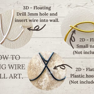 May include: How to hang wire wall art. Three different methods are shown: 3D floating with a 3mm hole, 2D flat with small nails, and 2D flat with plastic hooks.  The text "How to Hang Wire Wall Art" is displayed in the center of the image.