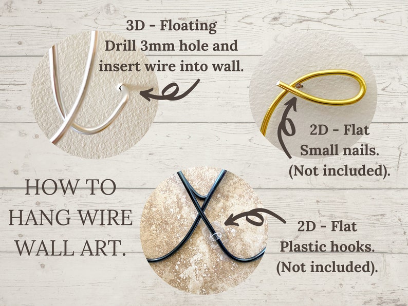 May include: How to hang wire wall art. Three different methods are shown: 3D floating with a 3mm hole, 2D flat with small nails, and 2D flat with plastic hooks.  The text "How to Hang Wire Wall Art" is displayed in the center of the image.