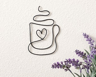 Wire Coffee Cup Wall Art: Kitchen Decor Sign with Heart