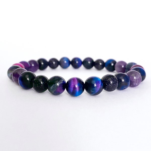 AMOUR - Galaxy Bead Bracelet - Unisex Self-Worth Jewelry - Tiger Eye, Amethyst, Blue Goldstone - Mystic Universe Beauty