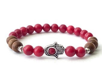 HAMSA CREMI - Perline di pietre preziose rosse con mano di Fatima