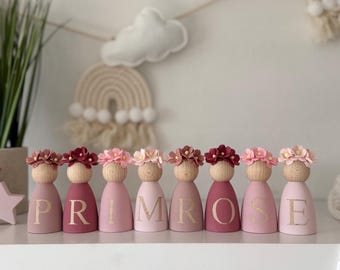 Personalised peg dolls, christening gift for girls, floral nursery decor shelf accessories, new baby gift, nursery name sign, wooden letter