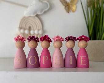 Personalised Daisy peg dolls, Personalised wooden dolls new baby gift nursery name sign wooden letter floral nursery decor shelf accessories