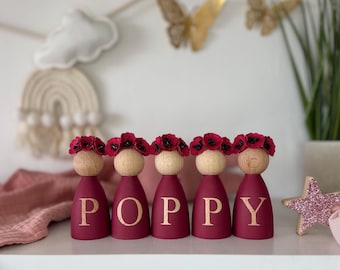 Personalised Poppy peg dolls, Personalised wooden dolls new baby gift nursery name sign wooden letter floral nursery decor shelf accessories