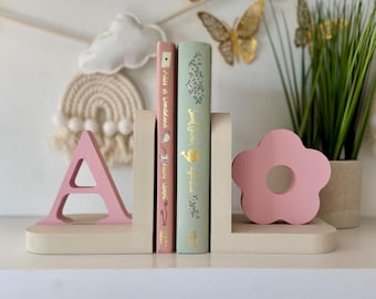 Personalised Bookends - Wooden Book Storage for Kids Reading Corner, Floral Nursery Decor
