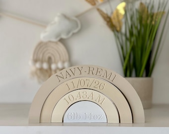 Personalised Wooden Rainbow. New Baby Gift, Nursery Decor, Baby Shower Keepsake, Engraved Birth Details