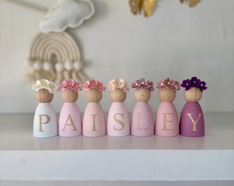 Personalised wooden dolls, nursery shelf decor, freestanding letters