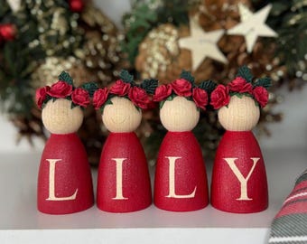 Personalised Christmas Bauble Peg Dolls Name Sign, Floral Nursery Decor