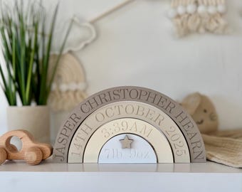 Personalised Wooden Rainbow. New Baby Gift, Nursery Decor, Baby Shower Keepsake, Engraved Birth Details