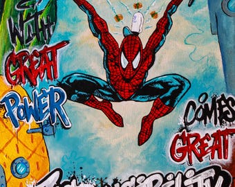 スパイダーマン ストリートアートプリント、「大いなる力には大いなる責任が伴う」、コミックブック ウォールアート、グラフィティスタイルポスター、スーパーヒーロー装飾