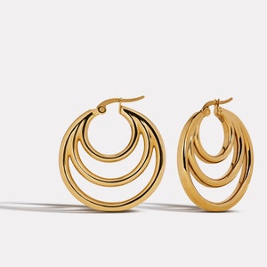 SEIKAIHA HOOP EARRINGS Boucles d'oreilles en acier inoxydable Boucles d'oreilles sterling Boucles d'oreilles minimalistes Boucles d'oreilles faites à la main Boucles d'oreilles modernes Triple Hoops image 3