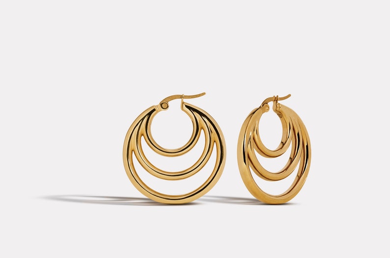 SEIKAIHA HOOP EARRINGS Boucles d'oreilles en acier inoxydable Boucles d'oreilles sterling Boucles d'oreilles minimalistes Boucles d'oreilles faites à la main Boucles d'oreilles modernes Triple Hoops image 3