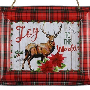Joy to the World Deer Sign, Buffalo Plaid Deer Sign, Red/black Plaid deer sign, Christmas sign, Wreath Center, Wreath Attachment