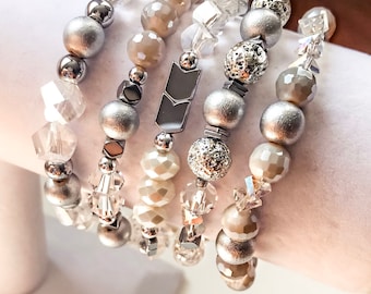 Metallic Gray & Crystal Toned Bracelet Stack - 5 Piece