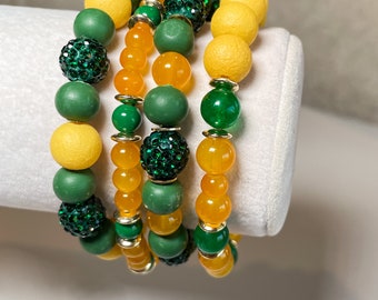 Game Day Collection - Green Bay Packers/ Oregon Ducks/ Baylor Bears - Green & Yellow Toned Bracelet Stack - 4 Piece