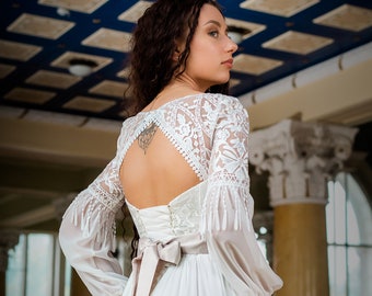 Boho wedding dress, Long sleeves bridal gown, Vintage lace wedding dress,