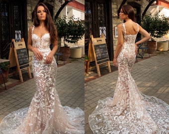 Exlusive mermaid wedding dress, Spaghetti straps bridal gown, Lace wedding dress, Sexy wedding dress