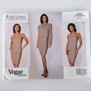 Vintage Vogue 2893 Ralph Lauren Cucito Modello UNCUT Giacca Business con 2 Stili di abito Shift, Taglia 6-8-10 per 30.5 a 32.5 Busto 1992