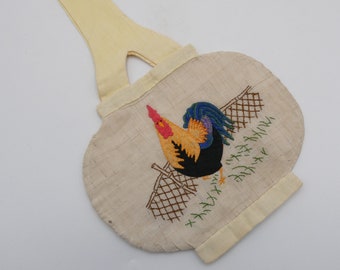 Vintage Handmade Chicken Rooster Bag Wristlet Applique & Embroidery on Linen