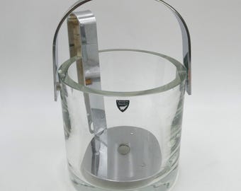 MCM Orrefors Sweden Modernist Crystal Ice Bucket Chiller Chrome Tongs Sticker