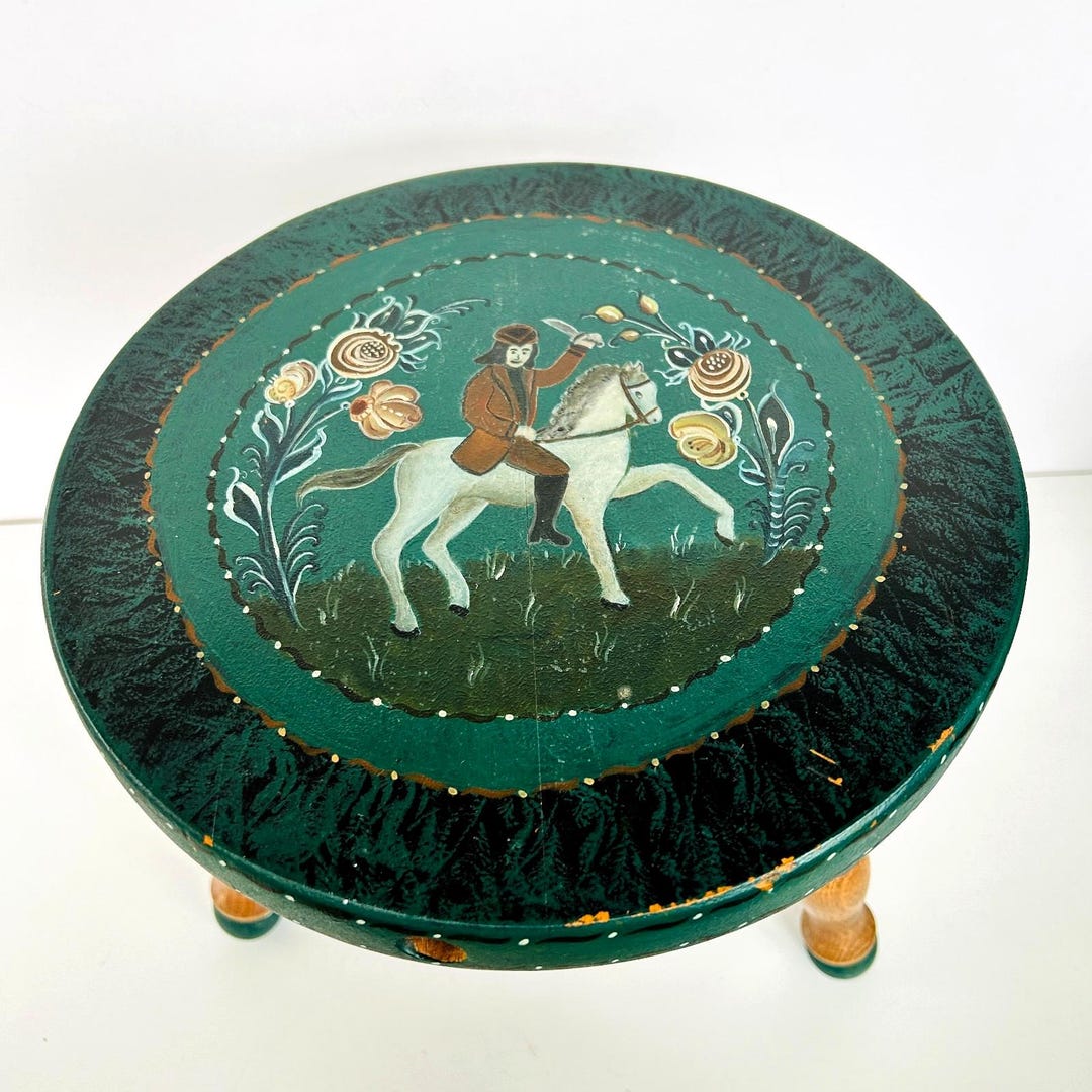 Hand Painted Wood Three Leg Stool Folk Art Rosemaling Soldier on Horse ...