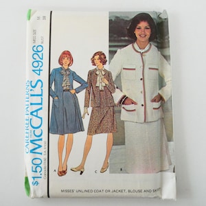 May include: Vintage McCall's sewing pattern number 4926 for a misses' unlined coat or jacket, blouse, and skirt. The pattern includes instructions for making a white coat with red trim, a brown and white plaid jacket, and a blue skirt.