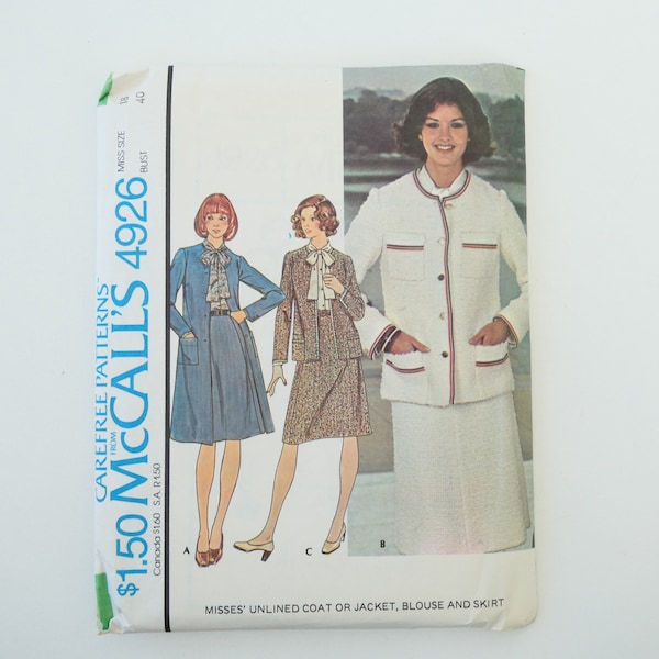 Vintage '70's McCall's 49262 Sewing Pattern UNCUT Chanel Style Jacket Coat Blouse Skirt with Trim in Misses Size 18 for a 40" Bust 1976