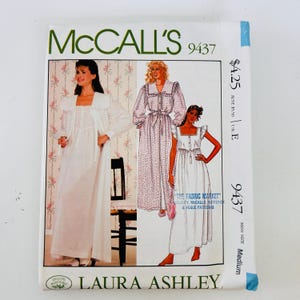 May include: A McCall's 9437 sewing pattern envelope for a Laura Ashley nightgown and robe. The front displays illustrations of two long nightgowns and a matching robe with floral and solid white designs, along with the text McCall's 9437.
