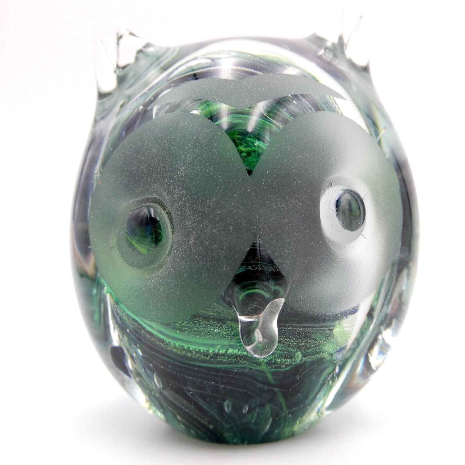 Kerry Art Glass Swirled Green Modernist Owl Paperweight 3.5 inch Ireland VTG