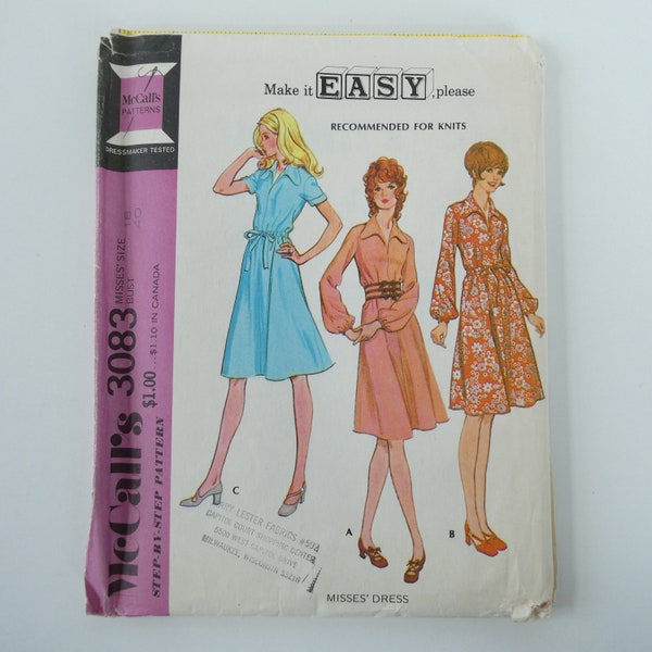 Vintage '70's McCall's 3083 Sewing Pattern UNCUT Shirtdress Dress with Gathered Waist for Knits Misses Size 18 for a 40" Bust 1972