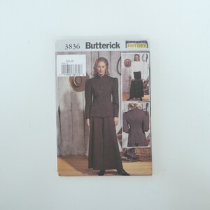 May include: A vintage sewing pattern for a women's jacket and skirt set. The pattern is from Butterick and is number 3836. The pattern is for a brown jacket and skirt set with a high collar and puffed sleeves. The pattern is for a historical costume.