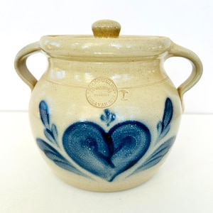 Shadowlawn Pottery Bean Pot 6x6.5 inch Salt Glazed Hearts Cobalt Primitive VTG
