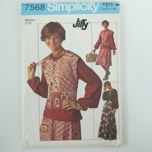 Vintage &#39;70&#39;s Simplicity 7568 Sewing Pattern UNCUT Quilted Vest, Blouse & Skirt in 2 Lengths in Misses Size 12-14 for 34&quot;-36&quot; Bust 1976