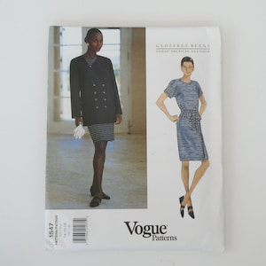 May include: A sewing pattern for a dress and jacket. The pattern is from Vogue Patterns and designed by Geoffrey Beene. The pattern number is 1547 and the sizes are 14, 16, and 18.