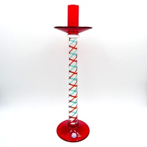 Murano Cenedese Vetri Tall Art Glass Candle Holder Candlestick Red Green Swirl