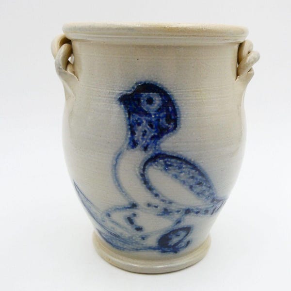 Wisconsin Pottery Bird on Branch Crock Urn Vase Twisted Rope 6 inch Salt Glazed