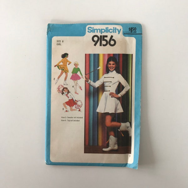 Vintage simplicidad 9156 patrón de costura UNCUT Majorette Cheerleader Skater Bailarina traje niña tamaño 8 busto tamaño 27" 1979