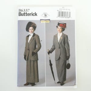 May include: Vintage sewing pattern for a women's suit, featuring a long skirt and a jacket with a single button closure. The pattern is from Butterick and is labeled B6337. The pattern includes instructions for sizes 6-8-10-12-14.