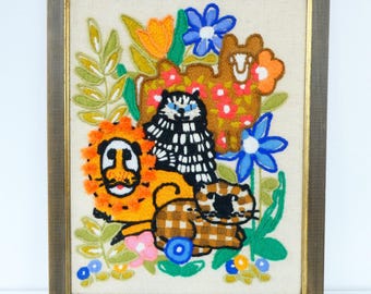 Vintage Wild Animals Crewel Needle Wall Art Framed 12.5x16 Lion Camel 1977