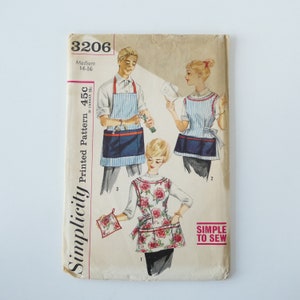 May include: Vintage Simplicity sewing pattern number 3206 for a medium size apron. The pattern is for sizes 14-16 and includes instructions for making three different styles of aprons. The pattern is printed on a light brown paper with a white background. The text "Simplicity Printed Pattern 45c" is printed on the left side of the pattern. The text "Simple to Sew" is printed on the right side of the pattern.