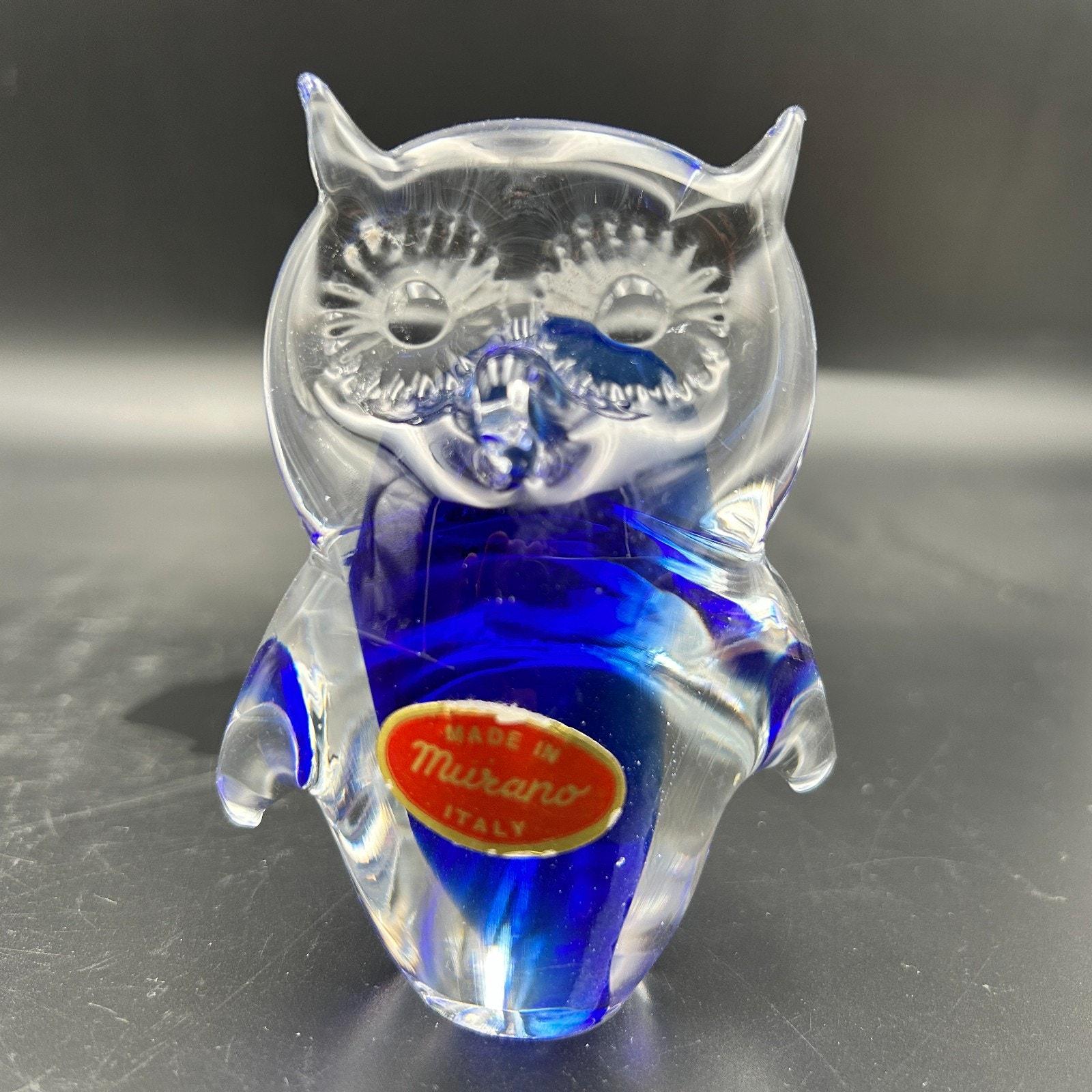 Murano Italy Art Glass Owl Figurine Blue Clear Hand Blown Paperweight Vintage