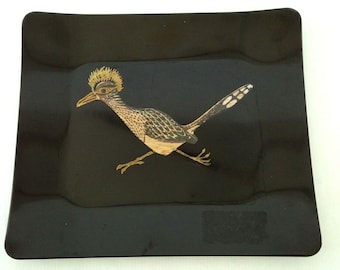 Couroc Roadrunner Bird Tray Plate Southwest Desert Inlaid Black Vintage MCM